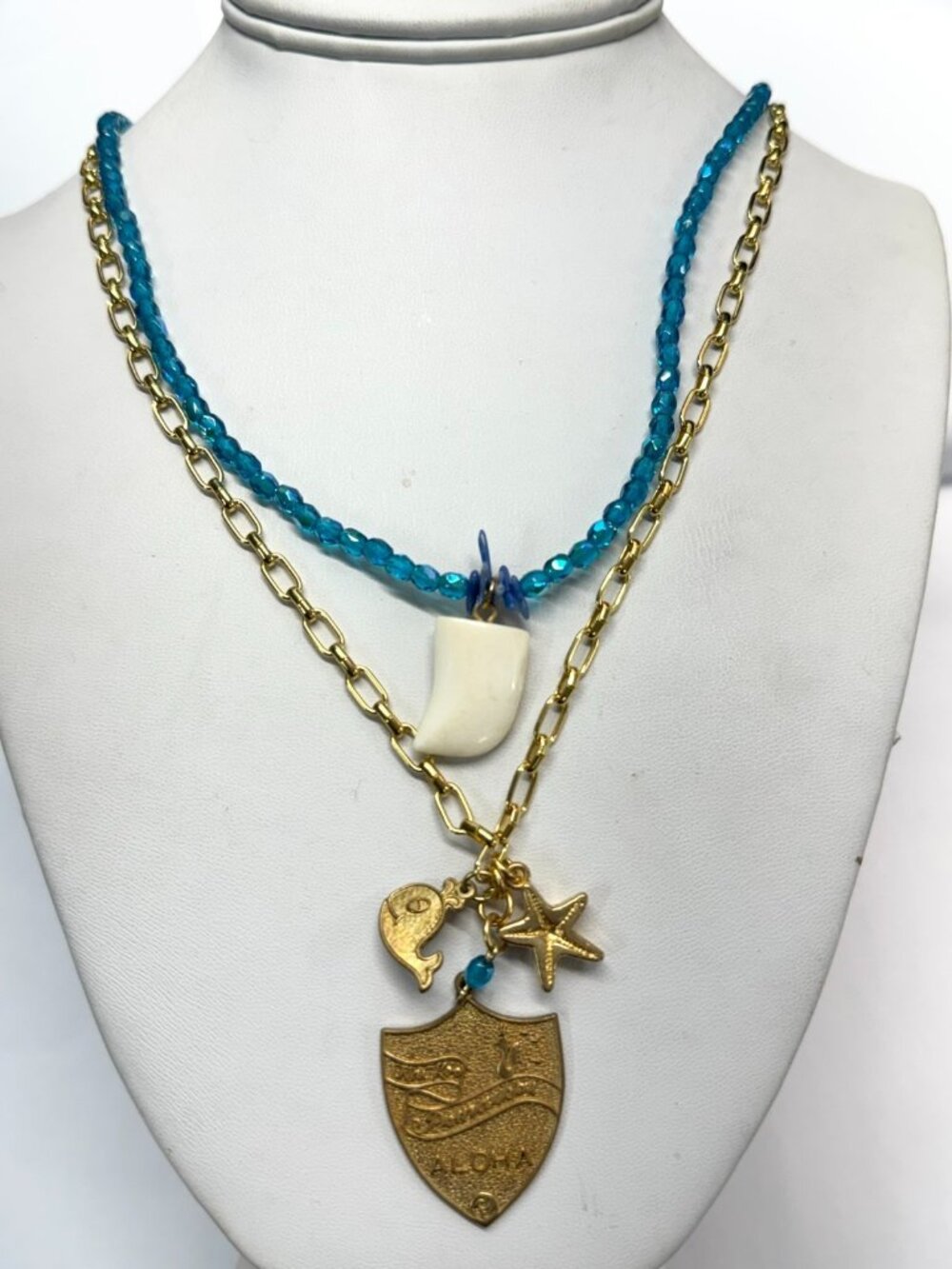 Vintage aloha blue bead multi strand necklace